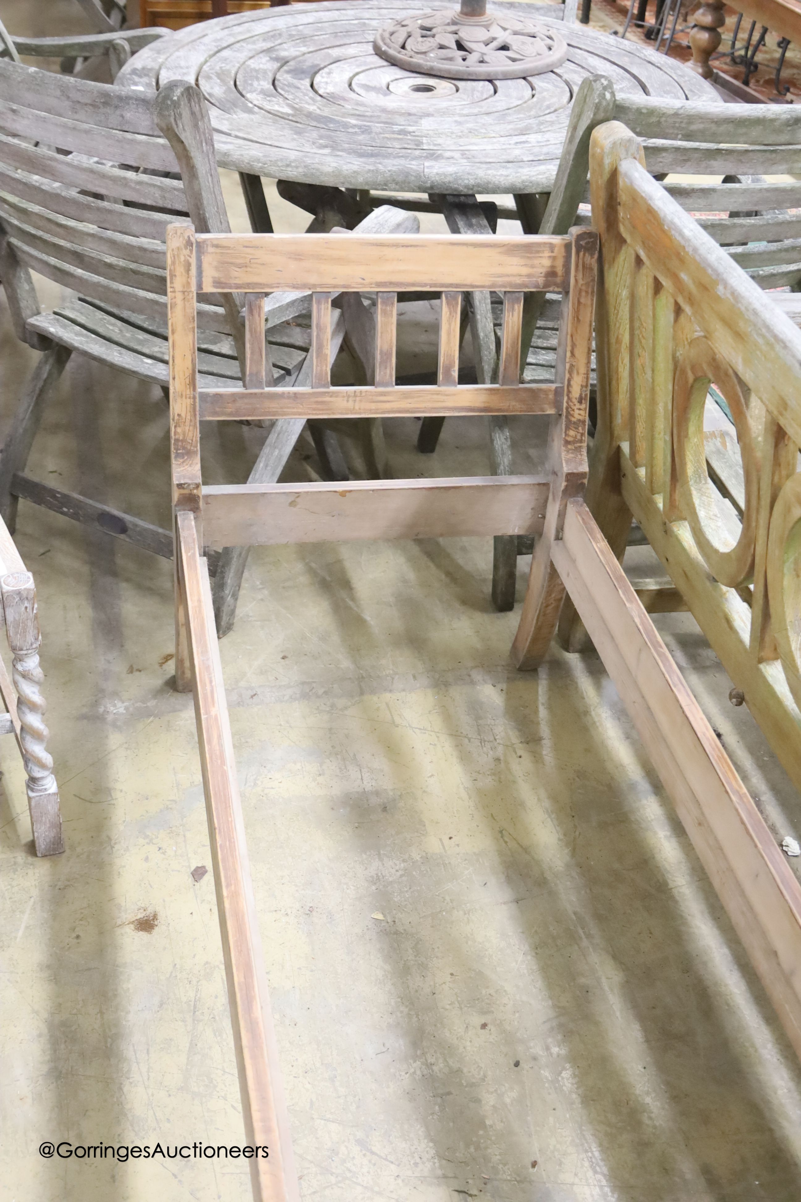 A Continental pine bench frame, width 176cm, depth 62cm